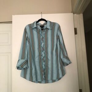 Lane Bryant Button Up Shirt 14/16 Ruffle Front Blouse 3/4 Sleeve blue western